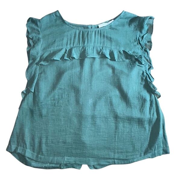 Piperlime Sage Green Ruffled Top Sz L Button Back Blouse Fairy Flutter Sleeves - Picture 1 of 9